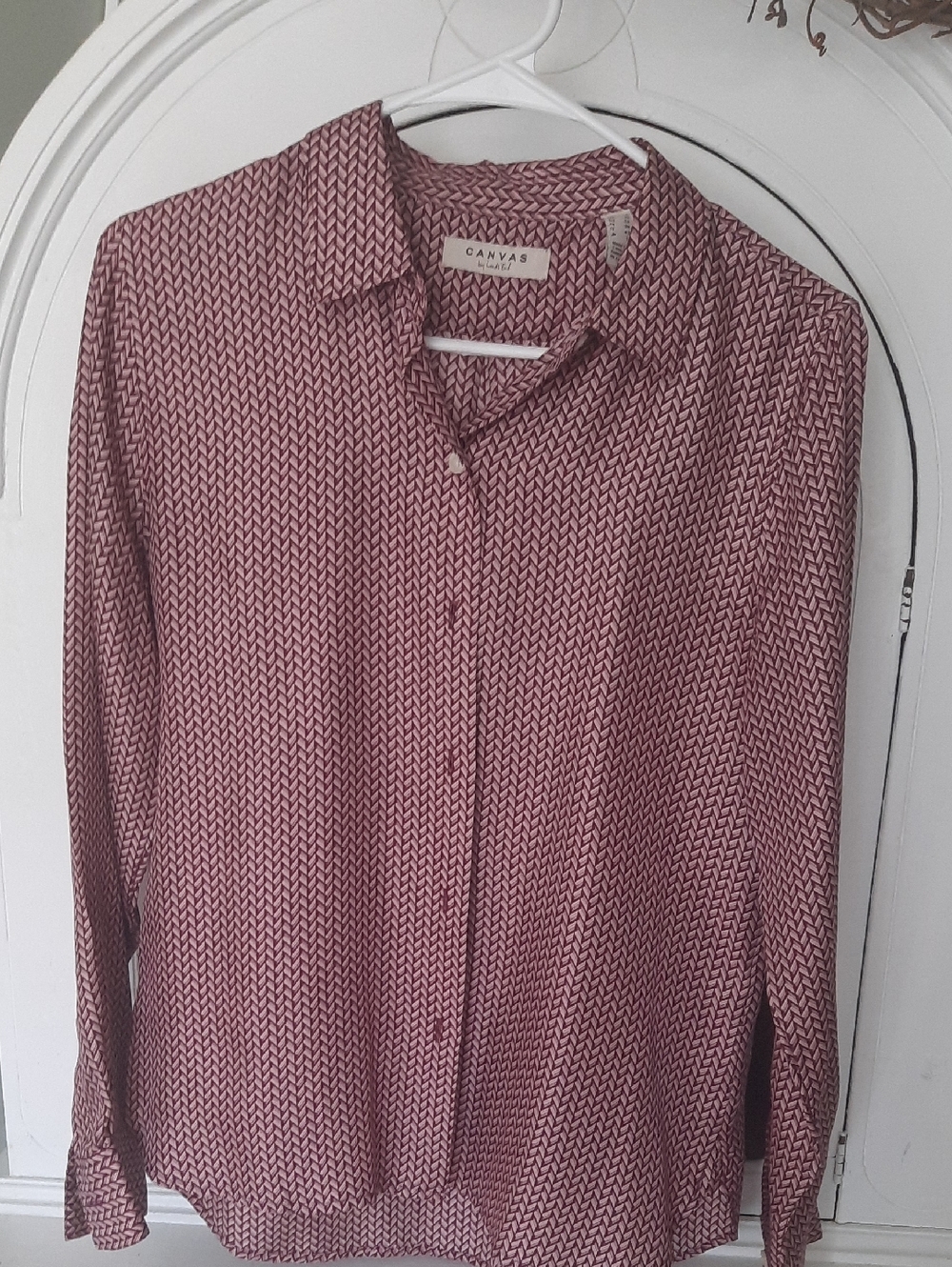 Canvas by Lands' End Women's Burgundy Patterned Button-Front Silk Blouse Office